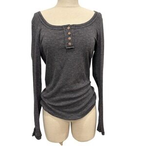 Kissfix Womens Ribbed Henley Long Sleeve Top Charcoal Grey Size M Twilight y2k
